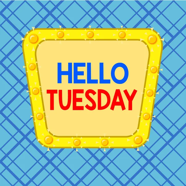 Word writing text Hello Tuesday. Business concept for a greeting or warm welcome to the third day of the week Asymmetrical uneven shaped format pattern object outline multicolour design. — Stock fotografie