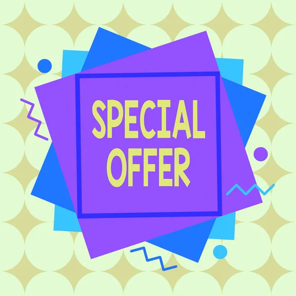 Writing note showing Special Offer. Business photo showcasing product or service that is offered free or at a very low price Asymmetrical format pattern object outline multicolor design. — ストック写真