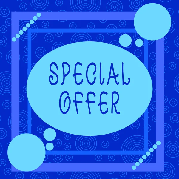 Conceptual hand writing showing Special Offer. Business photo showcasing product or service that is offered free or at a very low price Asymmetrical format pattern object outline multicolor design. — ストック写真