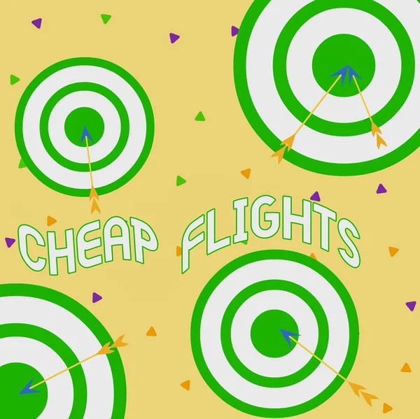 Conceptual hand writing showing Cheap Flights. Business photo showcasing costing little money or less than is usual or expected airfare Arrow and round target asymmetrical shape multicolour design. — Stockfoto