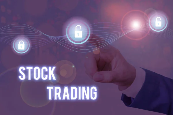 Kézírás szöveg tőzsdei kereskedés. Fogalom: a piaci részesedések megvásárlása és eladása. — Stock Fotó