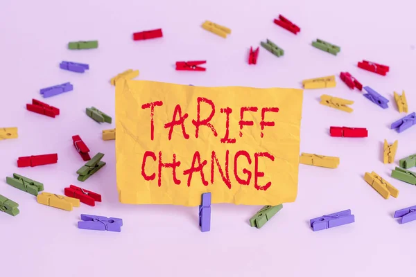 Word writing text Tariff Change. Business concept for Changes on tax imposed on imported goods and services Colored clothespin papers empty reminder white floor background office. — Φωτογραφία Αρχείου