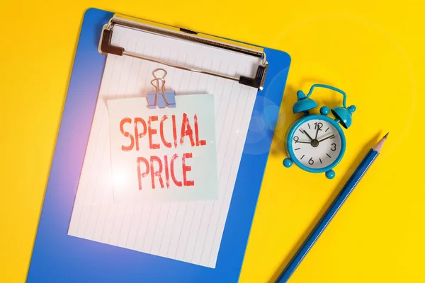 Text sign showing Special Price. Conceptual photo selling at a price that is lower than usual Discounted Clipboard paper sheet note binder pencil alarm clock colored background. — 스톡 사진