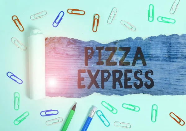 Skriva lapp som visar Pizza Express. Affärsfoto visa upp snabb leverans av pizza vid din dörr Snabb servering. — Stockfoto