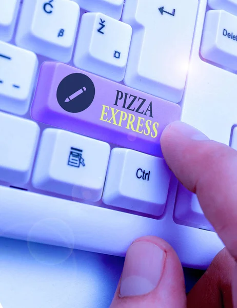 Escritura manual conceptual que muestra Pizza Express. Foto de negocios mostrando entrega rápida de pizza en su puerta . —  Fotos de Stock