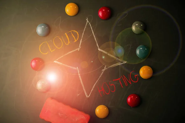 Handwriting text Cloud Hosting. Concept meaning the alternative to hosting websites on single servers Round Flat shape stones with one eraser stick to old chalk black board.