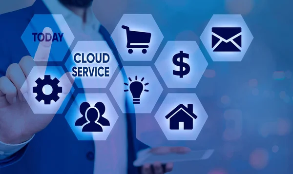 Znak tekstowy przedstawiający usługę w chmurze. Zdjęcie koncepcyjne odnosi się do różnych zasobów dostarczanych przez Internet. — Zdjęcie stockowe