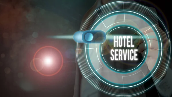 Señal de texto que muestra el servicio del hotel. Foto conceptual Proporcionar a los huéspedes un alojamiento cálido y otros servicios . —  Fotos de Stock