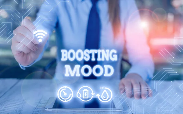 Writing note showing Boosting Mood. Business photo showcasing To make someone feel more positive or more confident. — Stockfoto