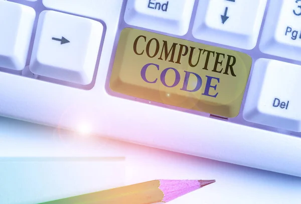 Написание текста Компьютерный код. Бизнес-концепция для набора инструкций, формирующих компьютерную программу для выполнения . — стоковое фото