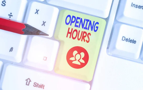 Handwriting text Opening Hours. Concept meaning the time during which a business is open for customers.