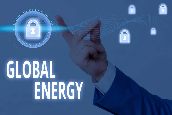 Texto para escrita de palavras Global Energy. Conceito de negócio para energia mundial a partir de fontes como eletricidade e carvão . — Fotografia de Stock