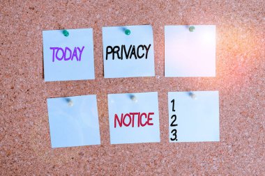 Writing note showing Privacy Notice. Business photo showcasing fulfils a legal requirement to protect a customer or client Corkboard size paper thumbtack sheet billboard notice board.