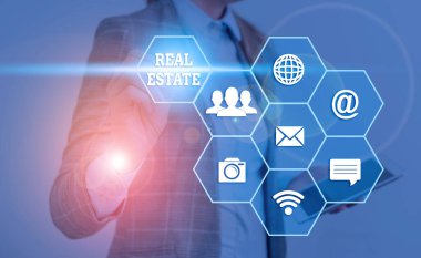 Conceptual hand writing showing Real Estate. Business photo text the property consisting of land and the buildings on it.