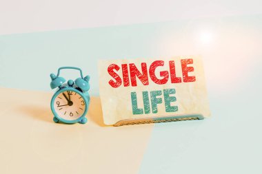 Bekar Yaşamı gösteren bir not yazıyorum. İş fotoğraflarının sergilenmesi, birine ya da bir şeye yemin etmemesi. Bekar, Pastel bir arka fona yerleştirilmiş kağıdın yanında çalar saatin alarmını gösteriyor..