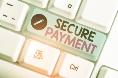 Güvenli Ödeme'yi gösteren metin işareti. Kredi kartı numaralarının girildiği kavramsal fotoğraf web sayfası güvenlidir.