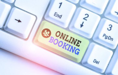 Çevrimiçi rezervasyonu gösteren kavramsal el yazısı. İş seyahatini İnternet üzerinden analiz etmek için kullanılan iş fotoğrafı metni aracı.