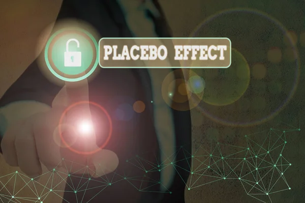 Texto escrito palavra Efeito Placebo. Conceito de negócio para um efeito benéfico produzido por um medicamento ou tratamento com placebo . — Fotografia de Stock