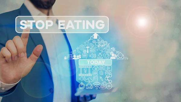 Scrittura concettuale a mano che mostra Stop Eating. Testo fotografico aziendale cessa l'attività di mettere o prendere cibo in bocca . — Foto Stock