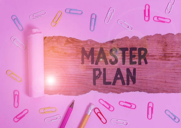 Textschild mit Masterplan. Konzeptionelle Foto dynamische langfristige Planung Dokument Umfassender Aktionsplan. — Stockfoto