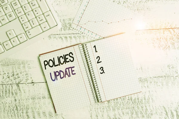 Text sign showing Policies Update. Conceptual photo act of adding new information or guidelines formulated Papercraft craft paper desk square spiral notebook office study supplies.