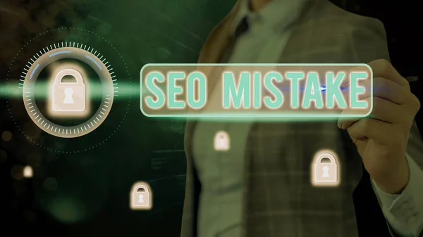 Word writing text Seo Mistake. Business concept for action or judgment that is misguided or wrong in search engine. — Stock Photo, Image