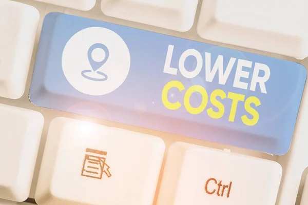 Text sign showing Lower Costs. Conceptual photo the business sets low price to enhance theproduct deanalysisd. — Stockfoto