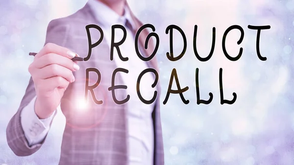 Texto para escrita de palavras Product Recall. Conceito de negócio para o processo de recuperação de bens potencialmente inseguros dos consumidores . — Fotografia de Stock