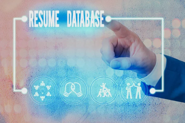 Writing note showing Resume Database. Business photo showcasing database of candidates that you can search by skillset.