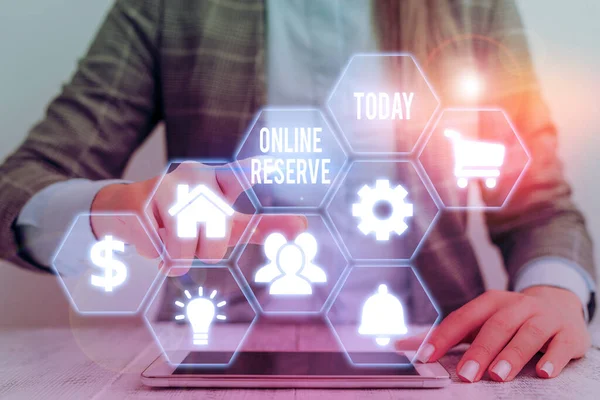 Tekst schrijven Online Reserve. Business concept voor stelt klanten in staat om de beschikbaarheid te controleren en online te boeken. — Stockfoto