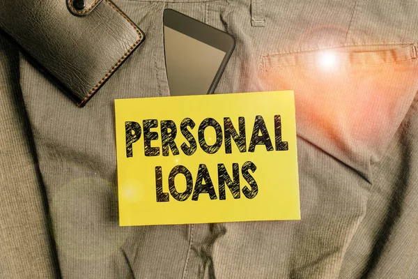 Word writing text Personal Loans. Business concept for unsecured loan and helps you meet your financial needs Smartphone device inside trousers front pocket with wallet and note paper.