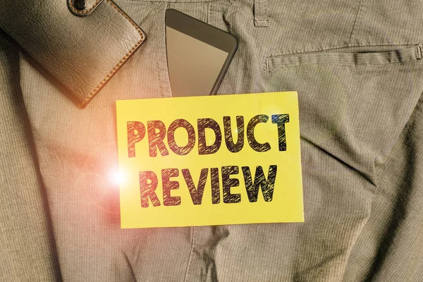 Word writing text Product Review. Business concept for Customers rate and comment on products they have purchased Smartphone device inside trousers front pocket with wallet and note paper.