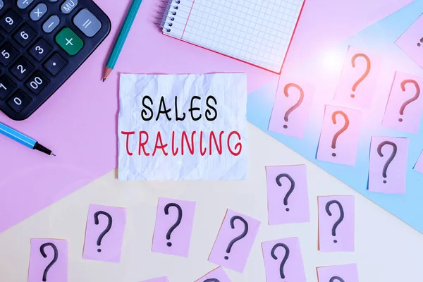 Handwriting text writing Sales Training. Concept meaning train salesshowing the methods of great sales techniques Mathematics stuff and writing equipment above pastel colours background.