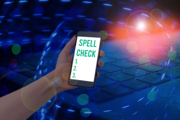 Conceptual hand writing showing Spell Check. Business photo showcasing to use a computer program to find and correct spelling errors. — ストック写真