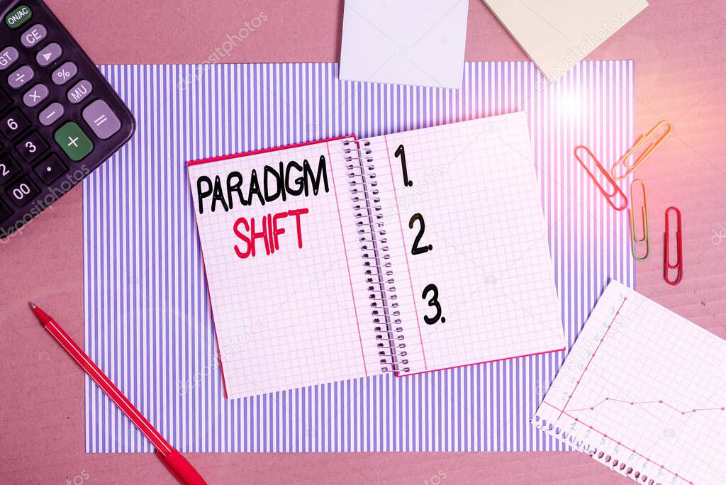 Conceptual hand writing showing Paradigm Shift. Business photo text fundamental change in approach or underlying assumptions Striped paperboard cardboard office study supplies chart.