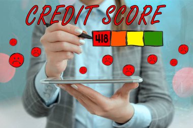 Text sign showing Credit Score. Conceptual photo Report credit score for banking application to asses risk based on the behaviours of the user or client. Assessing credit score for mortgage or loan clipart