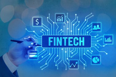 Fintech 'i gösteren kavramsal el yazısı. İş fotoğrafı, Finansal Teknoloji Konsepti. Tech ve Fin FinTech aracılığıyla banka kullanmadan sistem ve kavramları oluşturma olanağı..