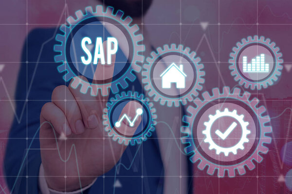 Текстовый знак показывает SAP. Концептуальное фото SAP Business process automation software. Концепция системы планирования ресурсов предприятия ERP на виртуальном экране. ИИ. Искусственный интеллект
..