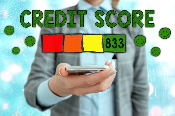 Scrittura concettuale a mano che mostra Credit Score. Business photo showcase Segnala il punteggio di credito per l'applicazione bancaria per valutare il rischio in base ai comportamenti dell'utente o del cliente. Valutazione del merito di credito — Foto Stock