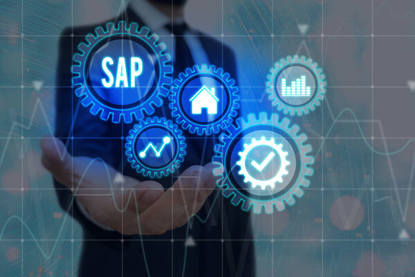 Концептуальная рукопись, показывающая SAP. Программное обеспечение для автоматизации бизнес-процессов SAP. Концепция системы планирования ресурсов предприятия ERP на виртуальном экране. ИИ. Искусственный интеллект
..