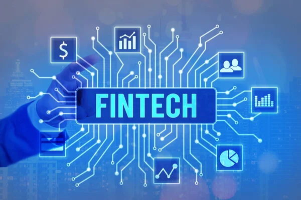 Escribiendo nota mostrando Fintech. Foto de negocios mostrando el concepto de tecnología financiera. Permitir a través de Tech y Fin FinTech construir sistemas y conceptos sin bancos .. — Foto de Stock