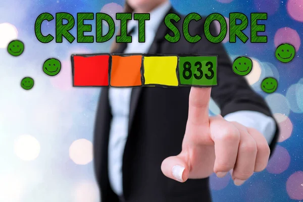 Writing note showing Credit Score. Business photo showcasing Report credit score for banking application to asses risk based on the behaviours of the user or client. Assessing credit score for