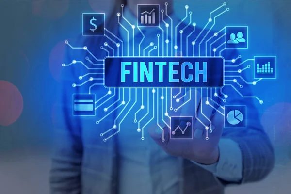 Escritura a mano Fintech. Concepto que significa concepto de tecnología financiera. Permitir a través de Tech y Fin FinTech construir sistemas y conceptos sin bancos .. — Foto de Stock