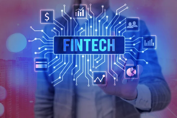 Escritura a mano Fintech. Concepto que significa concepto de tecnología financiera. Permitir a través de Tech y Fin FinTech construir sistemas y conceptos sin bancos .. — Foto de Stock