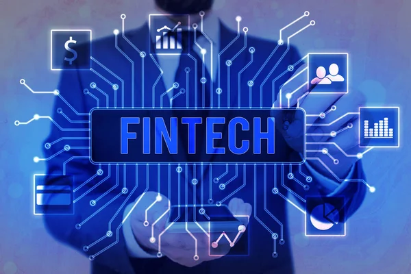 Texto de escritura Fintech. Concepto que significa concepto de tecnología financiera. Permitir a través de Tech y Fin FinTech construir sistemas y conceptos sin bancos .. — Foto de Stock