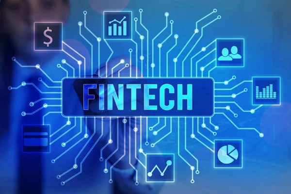 Texto de escritura de palabras Fintech. Concepto de negocio para el concepto de tecnología financiera. Permitir a través de Tech y Fin FinTech construir sistemas y conceptos sin bancos .. — Foto de Stock