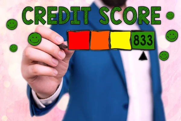 Handwriting text Credit Score. Concept meaning Report credit score for banking application to asses risk based on the behaviours of the user or client. Assessing credit score for mortgage or loan from — ストック写真