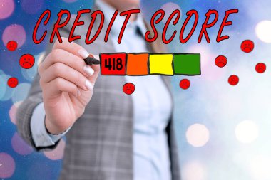 Word writing text Credit Score. Business concept for Report credit score for banking application to asses risk based on the behaviours of the user or client. Assessing credit score for mortgage or