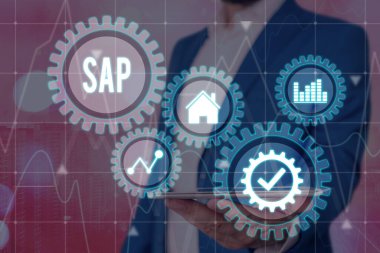 Text sign showing SAP. Conceptual photo SAP Business process automation software. ERP enterprise resources planning system concept on virtual screen. AI. Artificial intelligence..