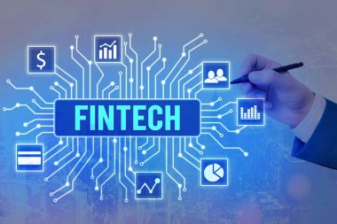 Fintech 'i gösteren kavramsal el yazısı. İş fotoğrafı, Finansal Teknoloji Konsepti. Tech ve Fin FinTech aracılığıyla banka kullanmadan sistem ve kavramları oluşturma olanağı..